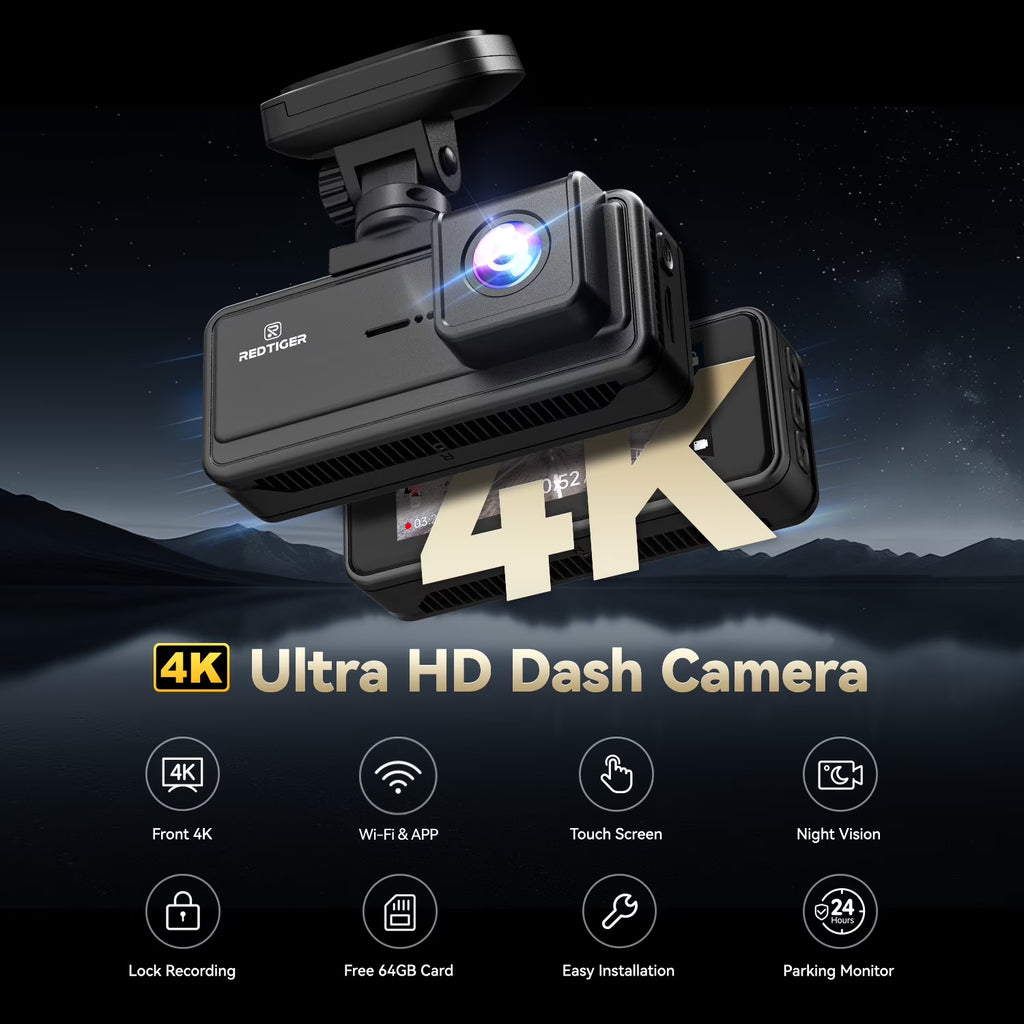 REDTIGER A8 Dash Cam Front and Rear, 4K Car Dash Camera with AI Driver Assistance, Built-In GPS, 3.18" IPS Touch Screen, Night Vision, 24H Parking Monitor, G-Sensor, Includes 64GB Card
