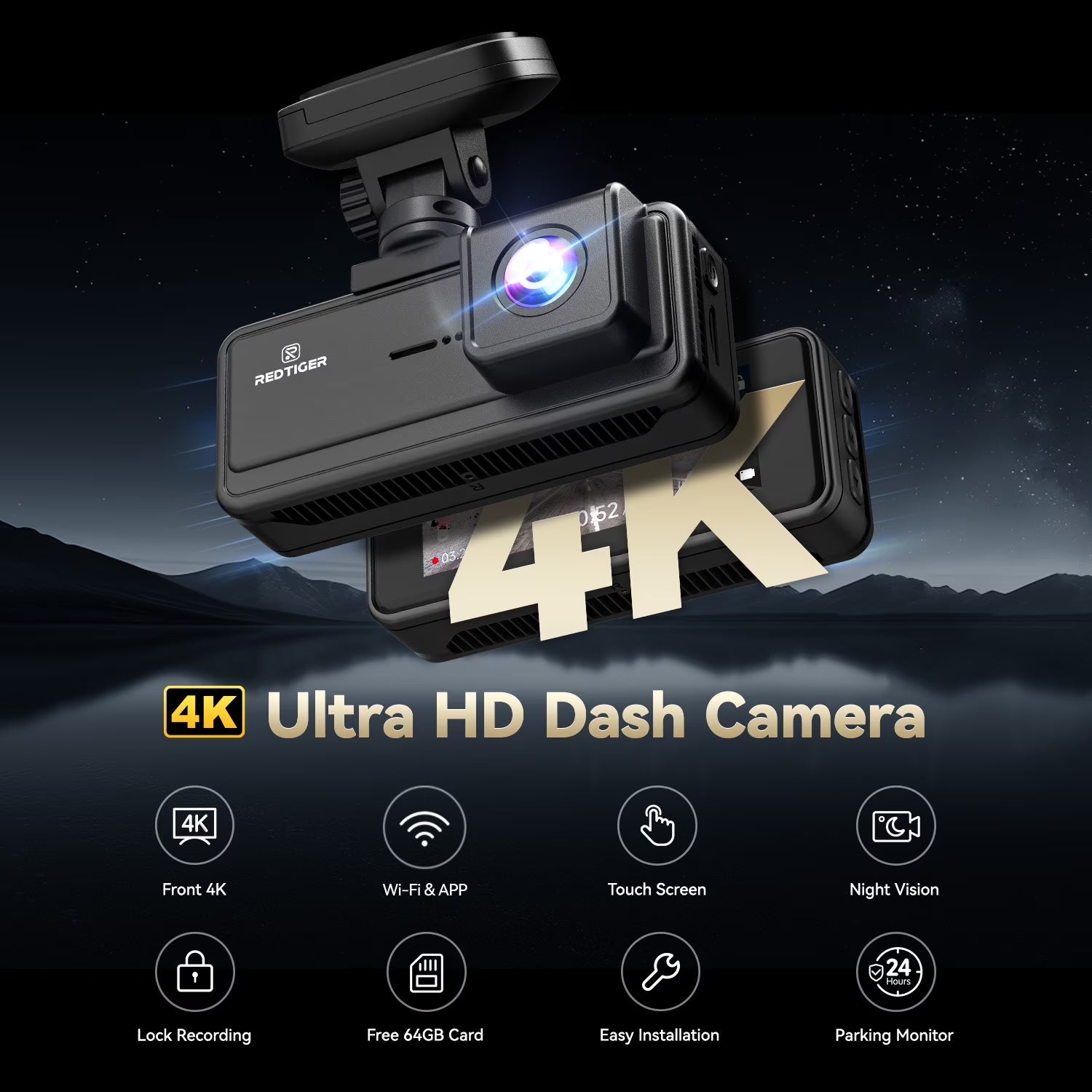 REDTIGER A8 Dash Cam Front and Rear, 4K Car Dash Camera with AI Driver Assistance, Built-In GPS, 3.18" IPS Touch Screen, Night Vision, 24H Parking Monitor, G-Sensor, Includes 64GB Card