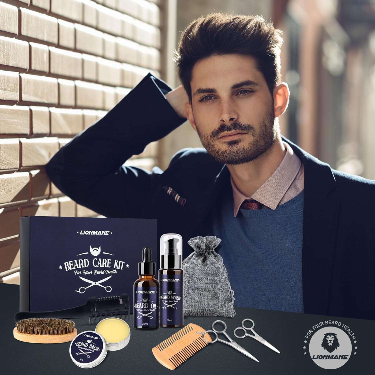 Lionmane Beard Care Gifts Kit for Men, Father’S Day Gifts, Beard Mustache Grooming Kit - Beard Balm, Beard Wash, Beard Oil, Brush, Scissors, Birthday Anniversary Gifts for Husband/Boyfriend/Dad/Him