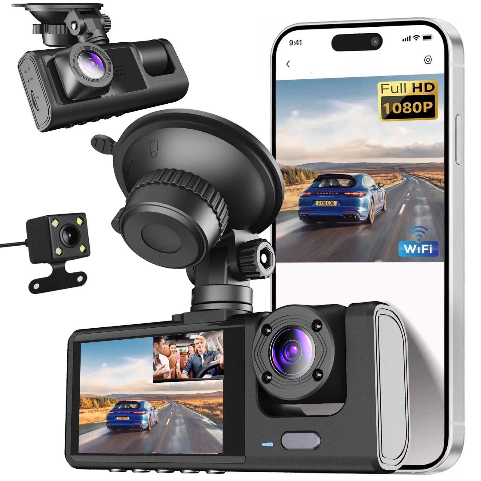 Dash Cam Front and Rear, 3 Channel Dash Cam, 1080P Dash Camera for Cars, Built-In Wi-Fi, Night Vision, Loop Recording