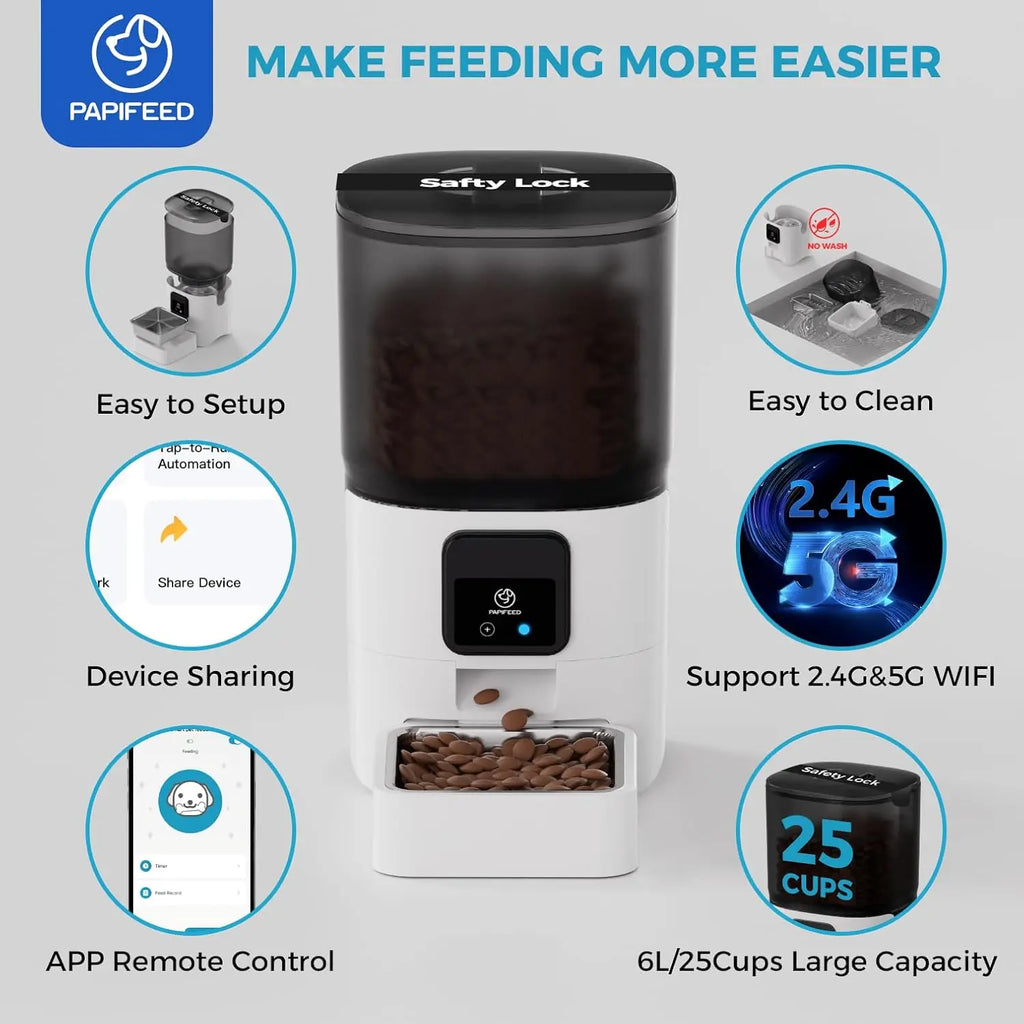 5G WiFi Automatic Cat Feeder: Smart Pet Food Dispenser with Slow Feeding Mode, Detachable Design for Easy Cleaning, Compatible with Alexa, Adjustable for 1-30 Meals per Day (6L/25 Cup Capacity)