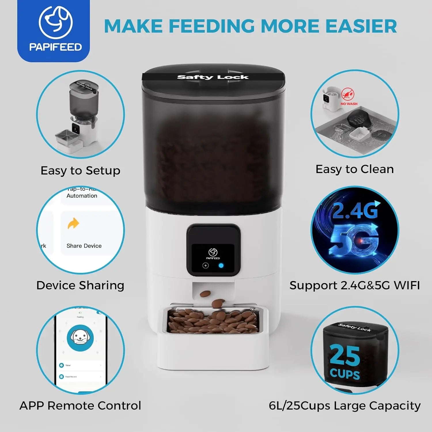 5G WiFi Automatic Cat Feeder: Smart Pet Food Dispenser with Slow Feeding Mode, Detachable Design for Easy Cleaning, Compatible with Alexa, Adjustable for 1-30 Meals per Day (6L/25 Cup Capacity)