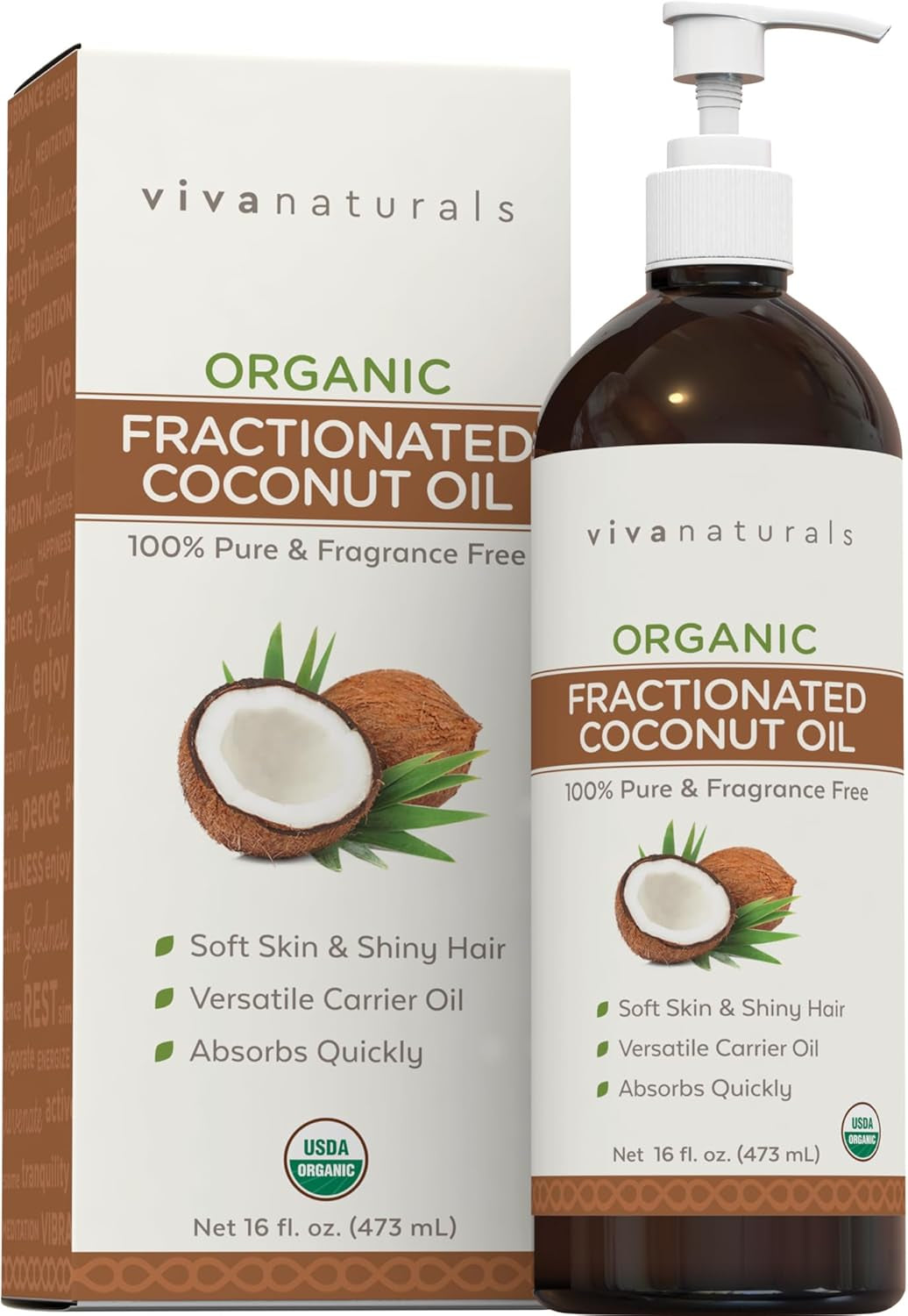 Viva Naturals Organic Fractionated Coconut Oil – 16 Fl Oz Multi-Purpose Moisturizer for Skin, Hair, and Massage, Perfect Carrier Oil for Essential Oils