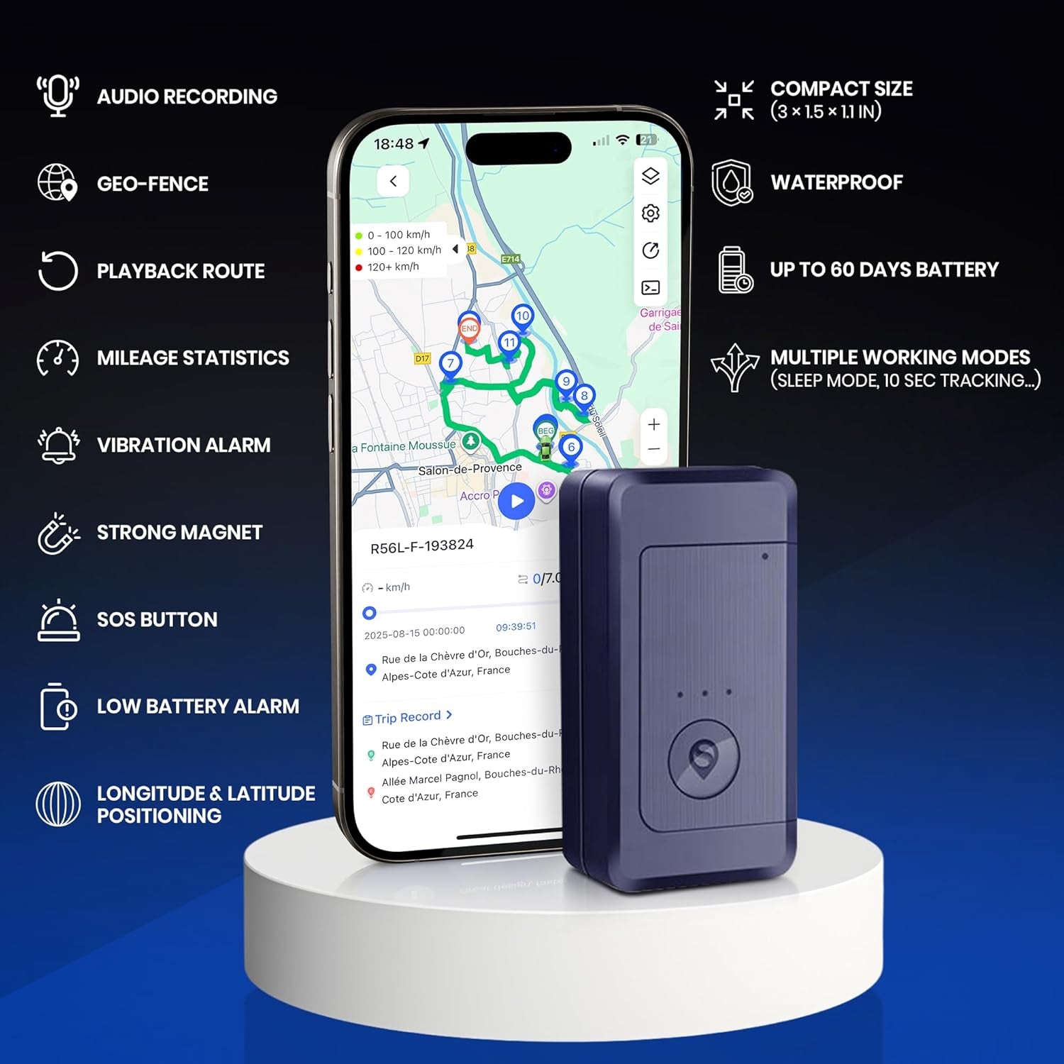 GPS Tracker for Vehicles No Subscription, Magnetic Car Tracker Device Hidden, Live Location, Tracking Device for Cars, SIM Card Included, 60-Day Battery, IP65 Waterproof, Geo-Fence, Route Playback