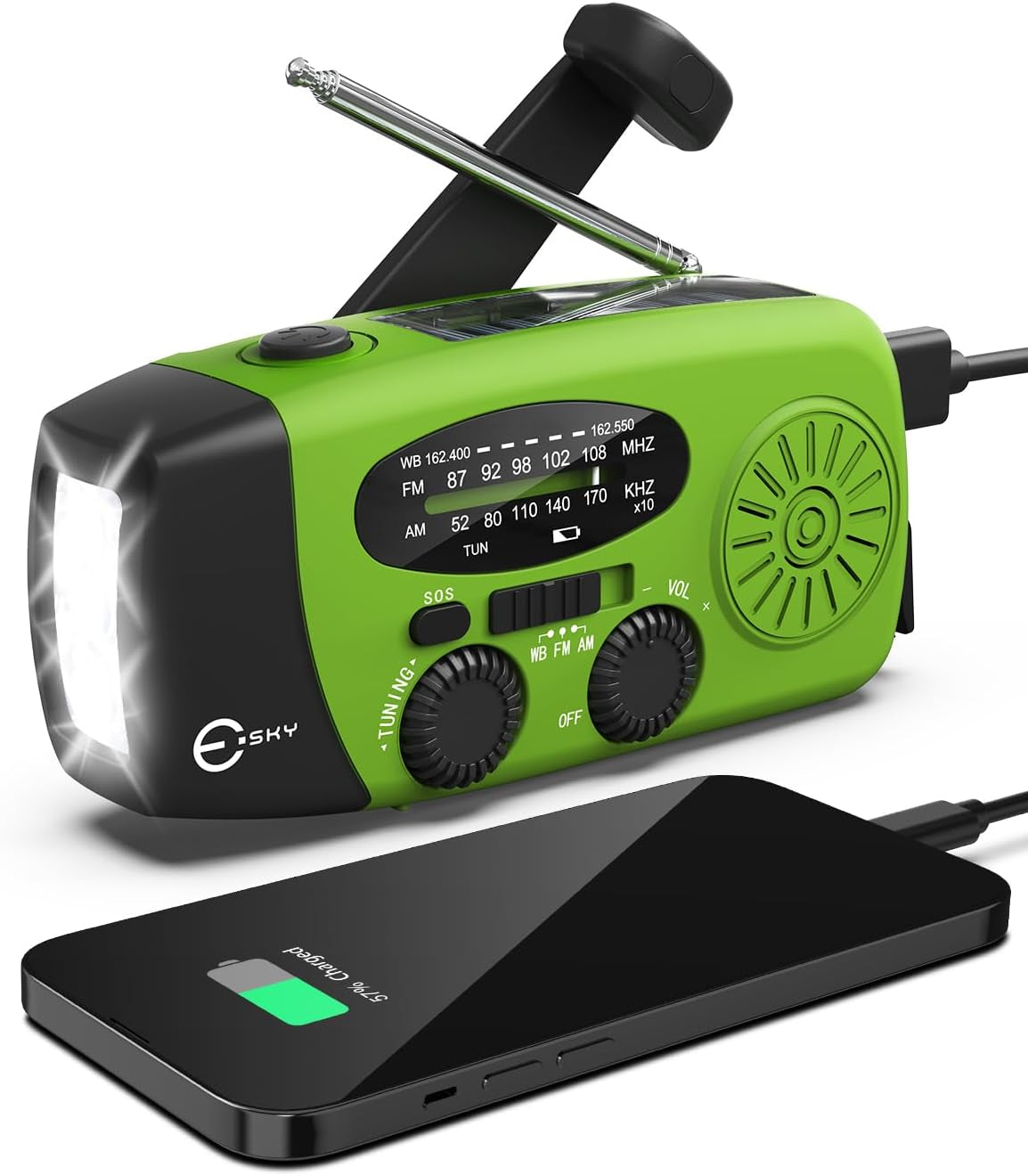 Esky Emergency Hand Crank Radio 7400Mwh with 3 LED Flashlight, AM/FM/NOAA Portable Weather Radio with Built-In 2000Mah Battery, Solar Powered Radio for Indoor Outdoor Survival Camping, SOS Alarm