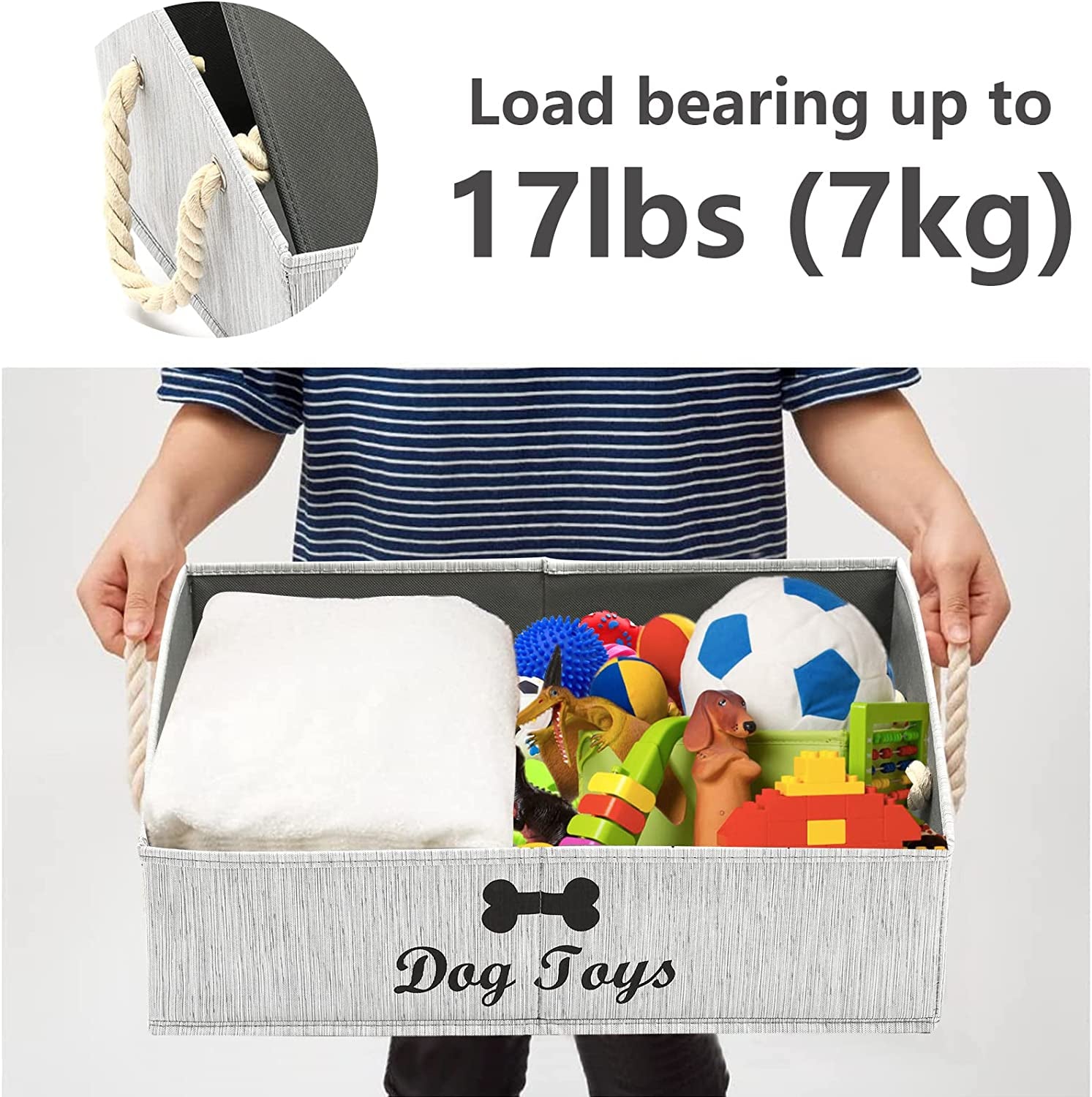 Geyecete Foldable Large Dog Toy Storage Bins - Stylish Gray Organizer with Rope Handle for Collapsible Shelving