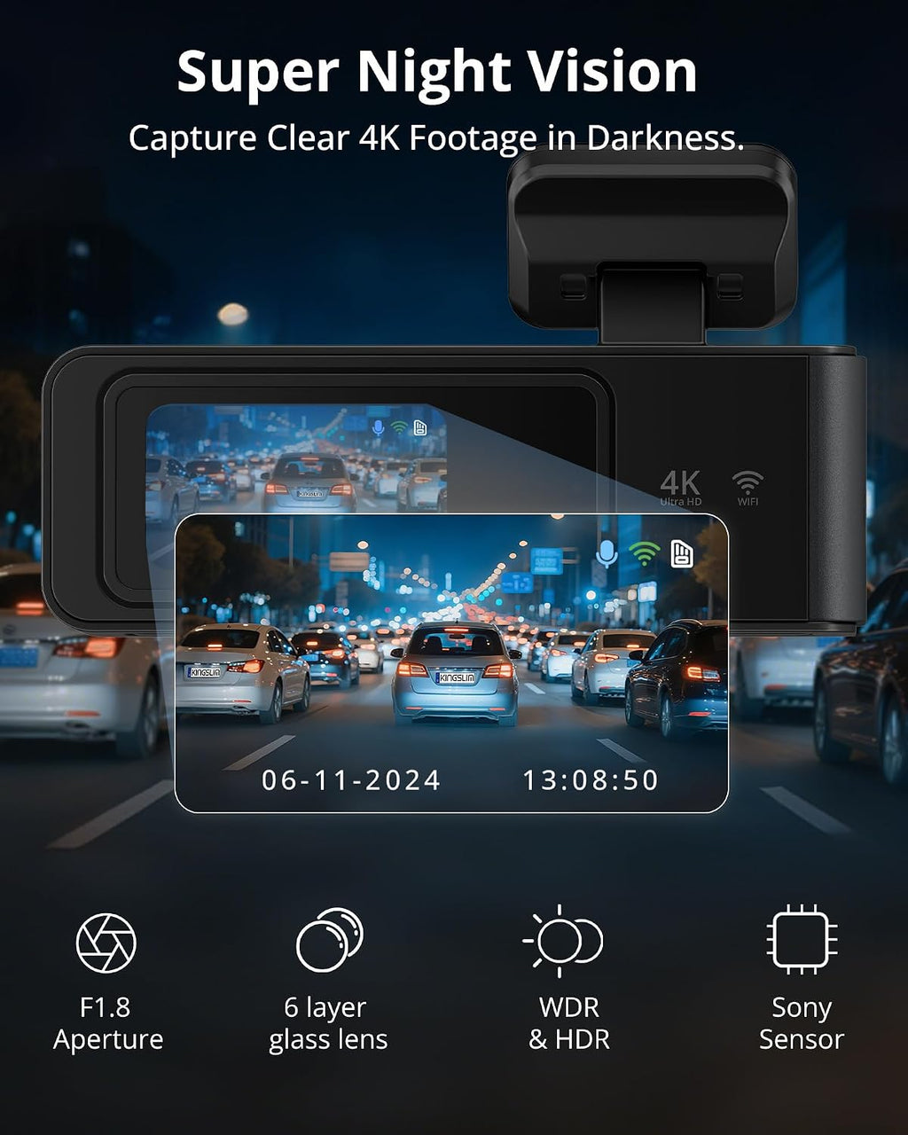Kingslim 4K Dash Cam Front and Rear, Front 4K Rear 1080P Dual Dash Camera for Cars, Mini Dashcam with 64GB Card, APP Control, Night Vision, G-Sensor, Loop Recording, Parking Mode