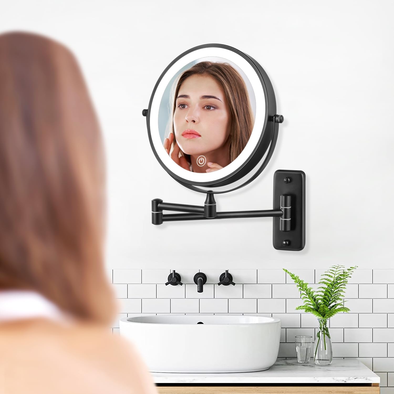 DECLUTTR Wall Mounted Lighted Makeup Mirror, 8" Rechargeable Double Sided 1X/10X Magnifying Mirror with Light, 3 Color Lights, Touch Dimmable, 360° Rotation Foldable Extended Arm, Black