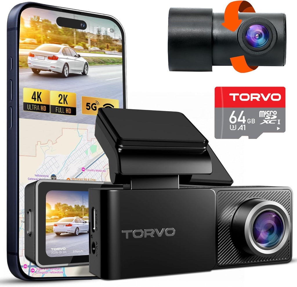 TORVO TD3 4K+2K Dash Cam with App, Camera for Car Front and Back with 5G Wifi & GPS, Free 64GB Card, Night Vision Dashcam Front Cameras 24/7 Recording When Car Is Off, Security Camera for Cars