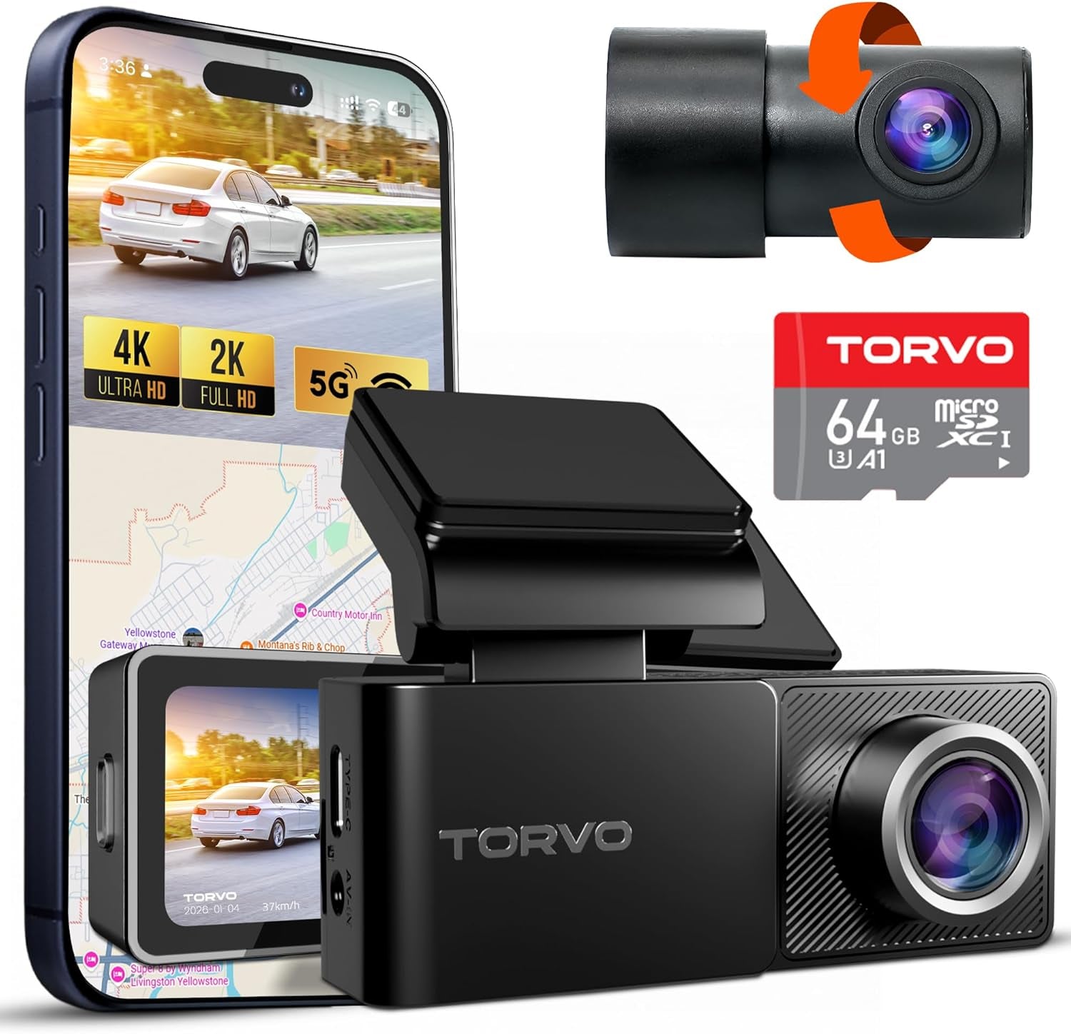 TORVO TD3 4K+2K Dash Cam with App, Camera for Car Front and Back with 5G Wifi & GPS, Free 64GB Card, Night Vision Dashcam Front Cameras 24/7 Recording When Car Is Off, Security Camera for Cars