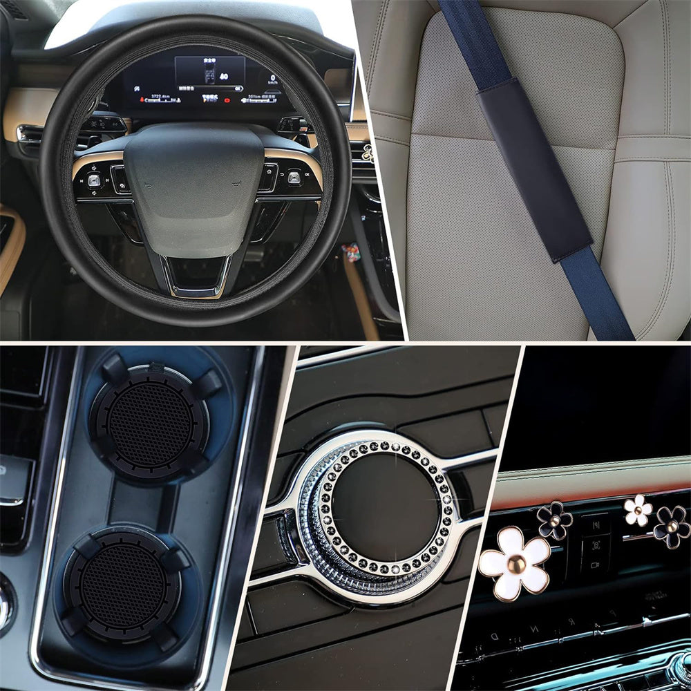 10PCS Leather Steering Wheel Cover for Women,Cute Car Accessories Set with Seat Belt Shoulder Pads, Cup Holders Bling Start Button Ring Sticker Air Vent Clip,Car Accessories (Black)