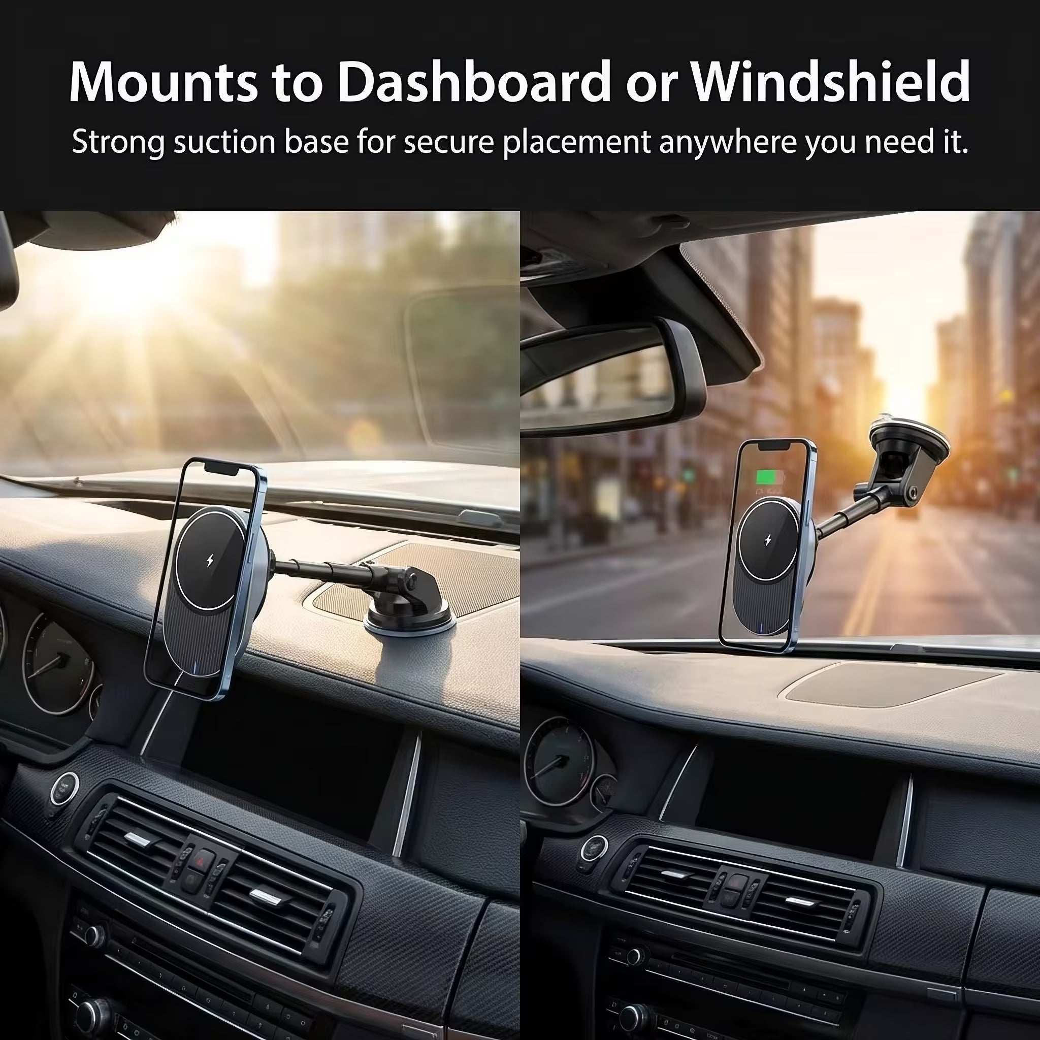 IJS Magnetic Wireless Car Charger with Built-In Retractable Cord and Extendable Windshield Dashboard Phone Mount, Magsafe Compatible, 15W