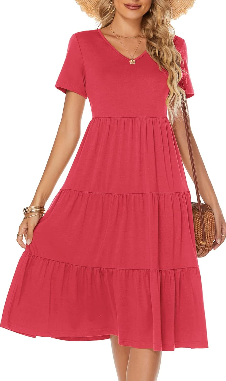 Berydress Women'S Casual Summer Tiered Midi Dress 2025 Short Sleeve V-Neck Loose Cotton Ruffle Babydoll Dress Boho Sundress