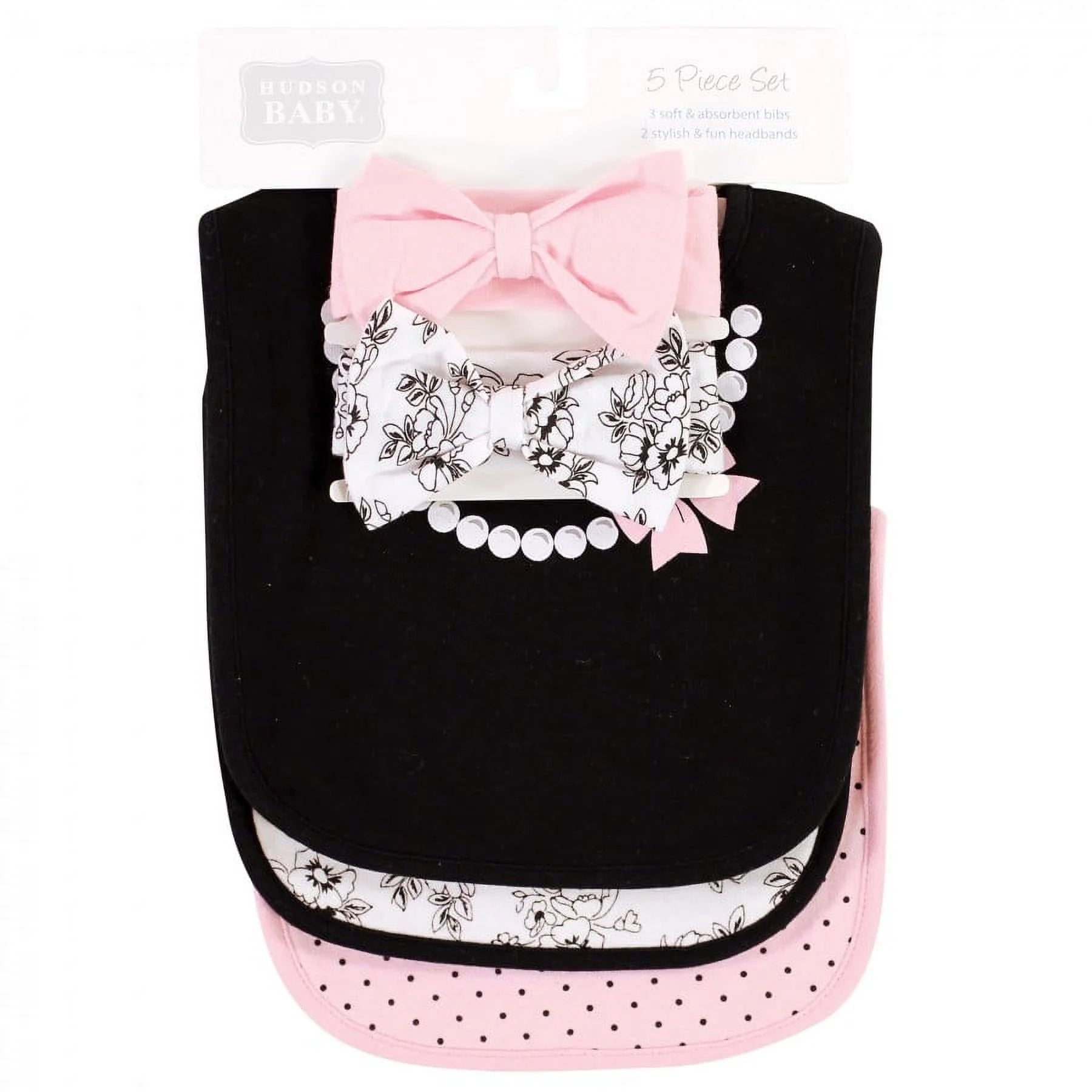 Hudson Baby Infant Girl Cotton Bib and Headband, Toile, 0-6 Months