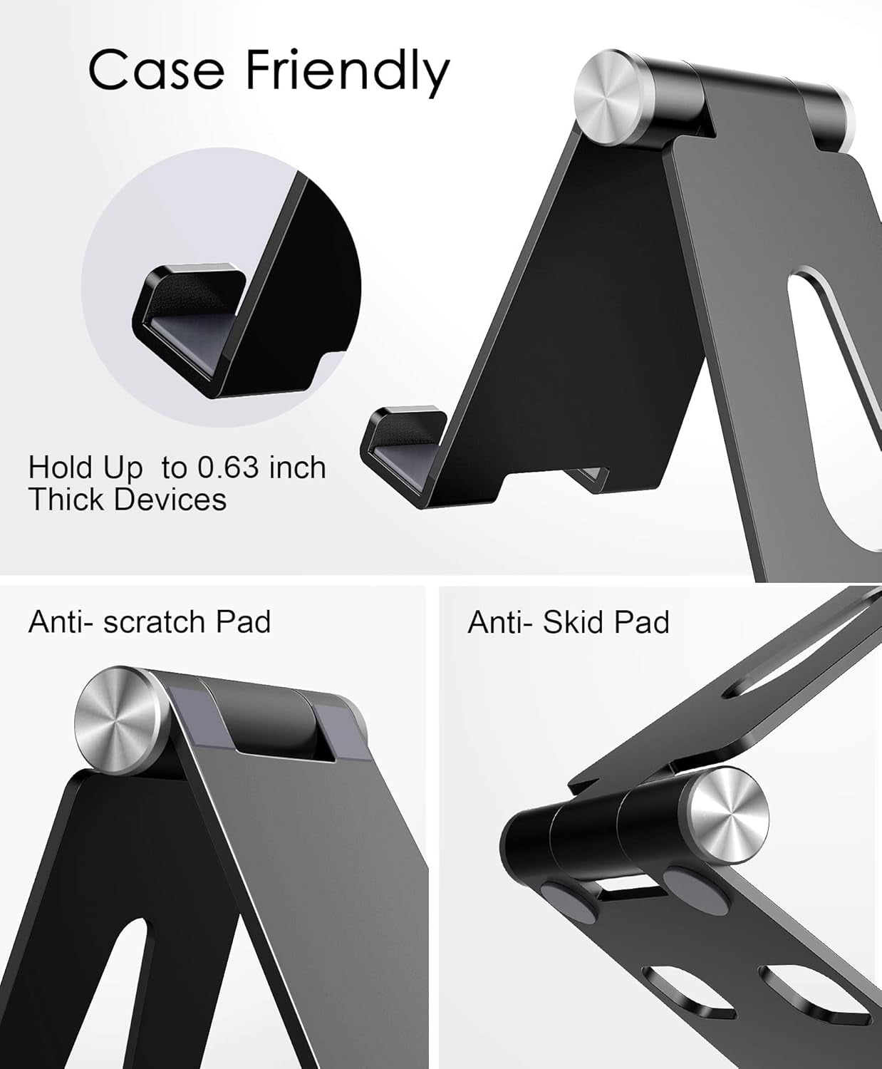 Cell Phone Stand, Updated Adjustable Desktop Phone Holder Cradle,Fully Foldable, Thick Case Friendly, Portable Aluminum Compatible with All Mobile Phones, Switch, Tablets(4-10In)-Black