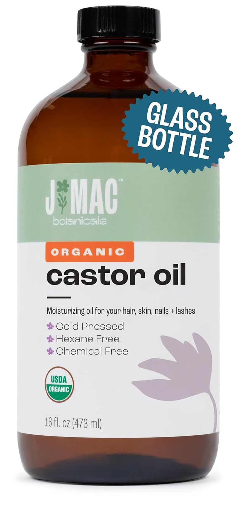 J MAC BOTANICALS USDA Certified Organic Cold Pressed Castor Oil - 16 Oz Amber Glass Bottle for Ultimate Moisture for Hair, Skin, Face, Eyelashes, Brows, and Nails - Hexane Free