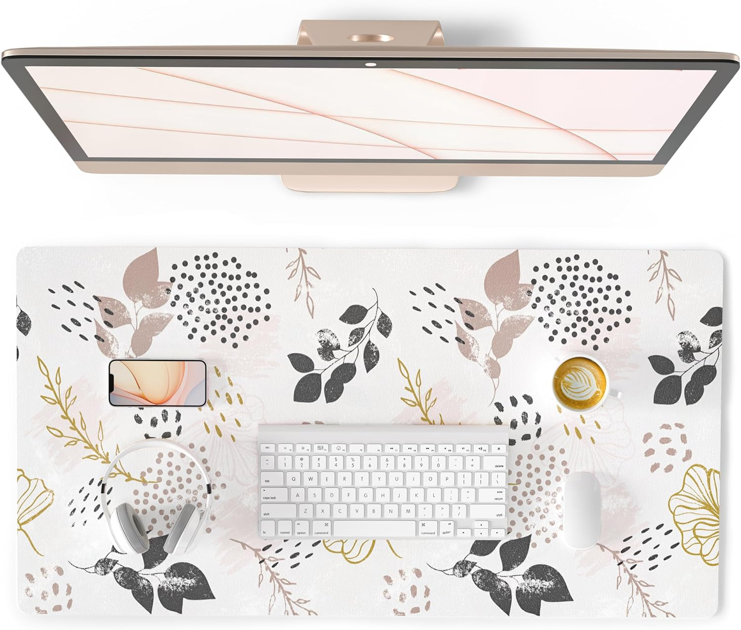 QIYI White Mouse Pad, Cute Marble Large Desk Mat, PU Leather Desk Protector Mousepad, Gold Grey Striped Waterproof Computer Keyboard Gaming Mouse Pads, Non Slip Extended Writing Pad 31.5" X 15.7"
