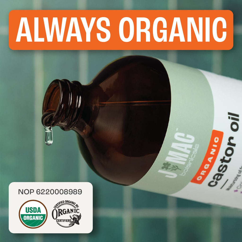 J MAC BOTANICALS USDA Certified Organic Cold Pressed Castor Oil - 16 Oz Amber Glass Bottle for Ultimate Moisture for Hair, Skin, Face, Eyelashes, Brows, and Nails - Hexane Free