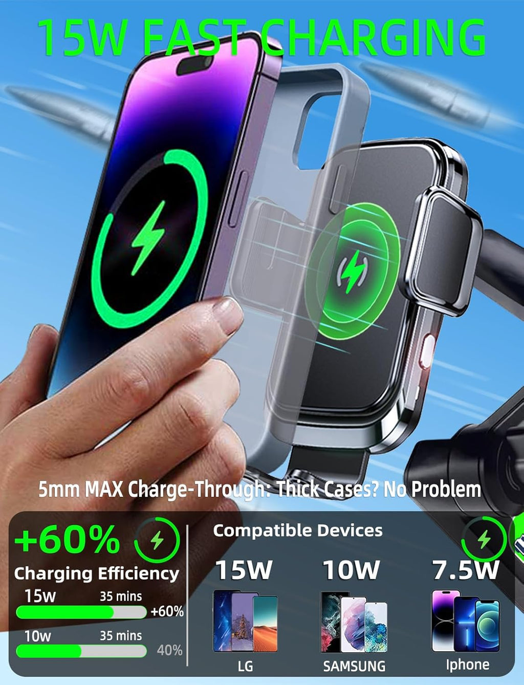 Truck Phone Holder Wireless Car Charger Mount, 15W Fast Charging Vacuum Phone Holder 14 Inch Long Arm Heavy Duty Pickup Windshield and Dashboard, Trucks Accessories for Iphone Samsung LG