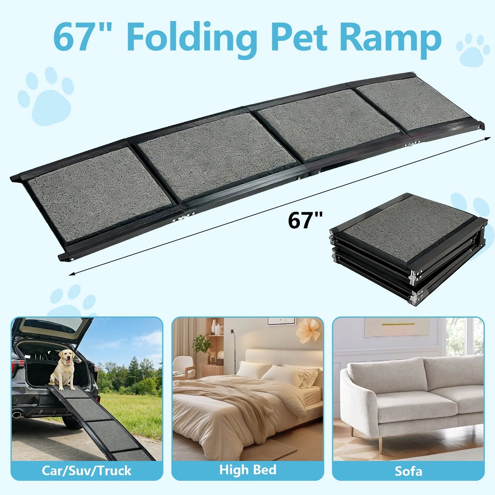 67" Foldable Dog Ramp for Car, Bed & Sofa - Extra-Wide 17.3" Pet Ramp with Non-Slip Surface, Portable Indoor/Outdoor Ramp Suitable for All Dogs