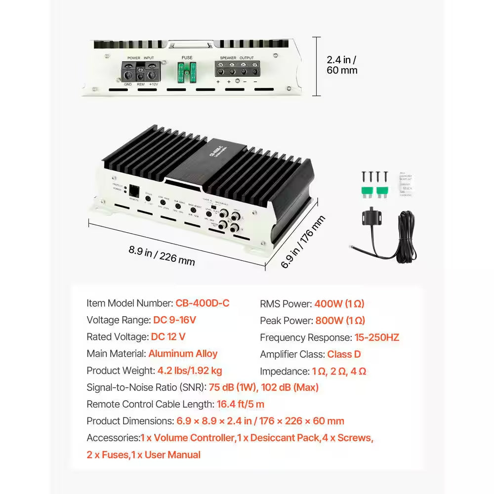 Monoblock Car Amplifier, 400W RMS MAX, 1-Channel Class D Amp 1/2/4 Ohm Stable with Remote Bass Control, LPF & Boost