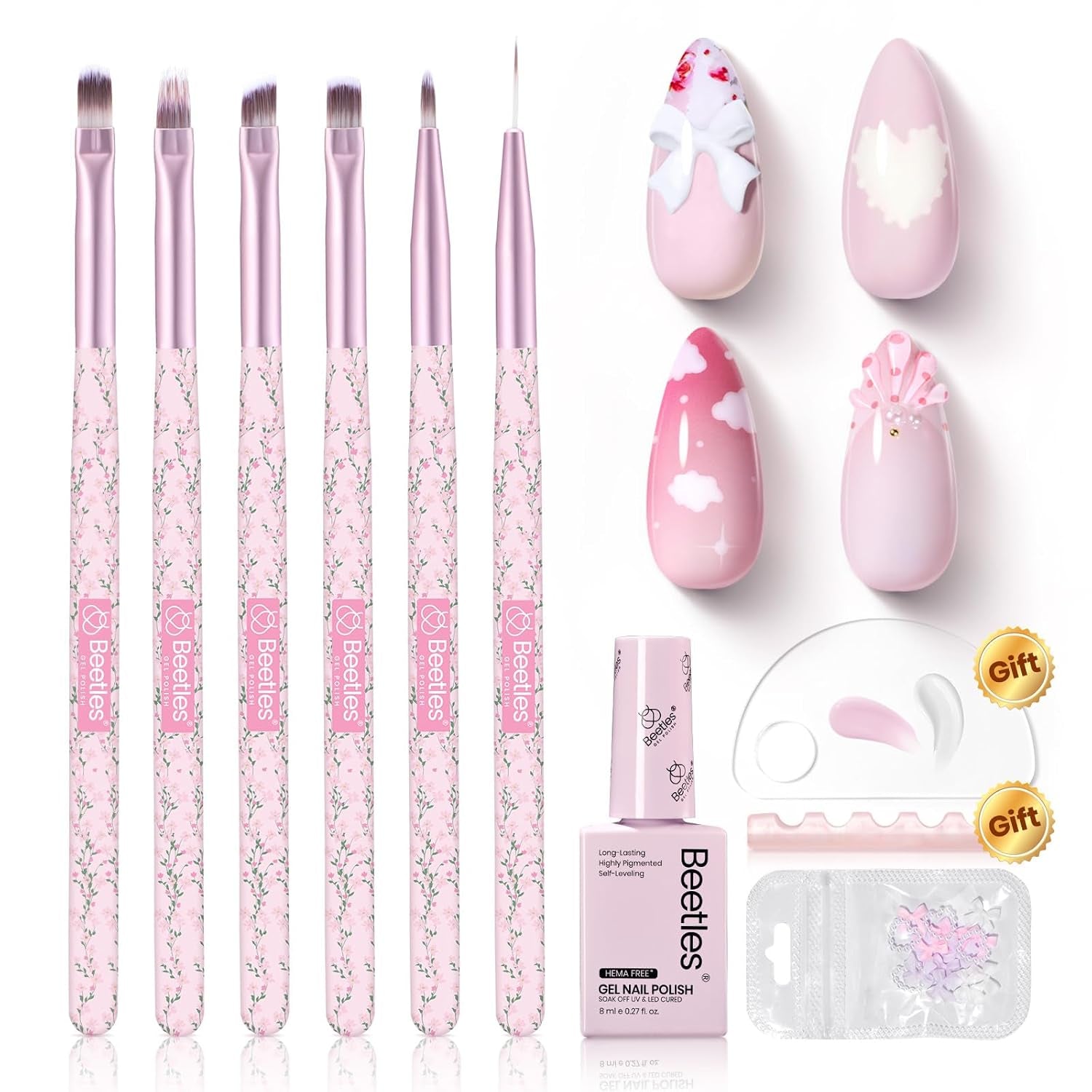 Beetles 6-Piece Nail Art Brush Set - Professional Gel Polish Tools with Wood Alloy Handles for Stunning DIY Manicures, Perfect Gift for Women