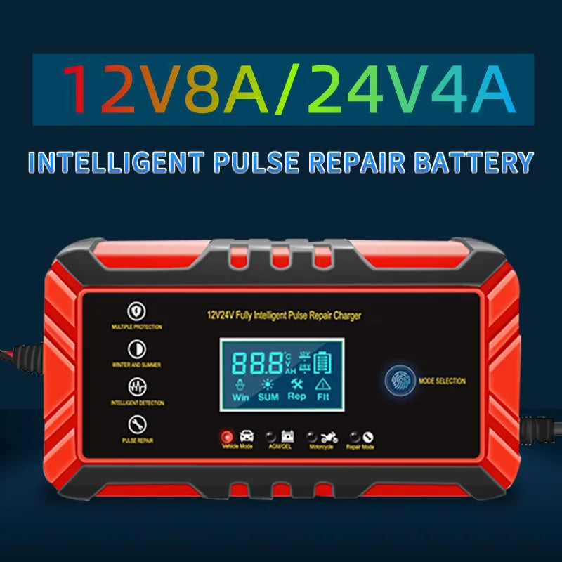 12V/24V 8A Full Automatic Battery Chargers Digital LCD Display Car Battery Chargers Power Puls Repair Chargers Wet Dry Lead Acid
