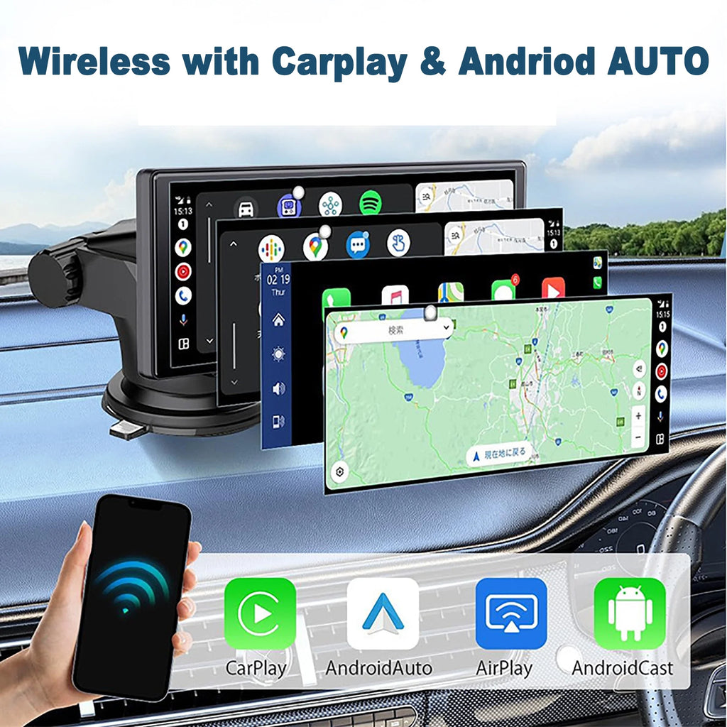 Pecham 10.26" Wireless Apple Carplay with Bluetooth, 4K 1080P Dual Dash Camera Front and Rear, Portable Car Stereo GPS Navigation with Car Audio, Airplay, Mirror Link, 64GB TF Card