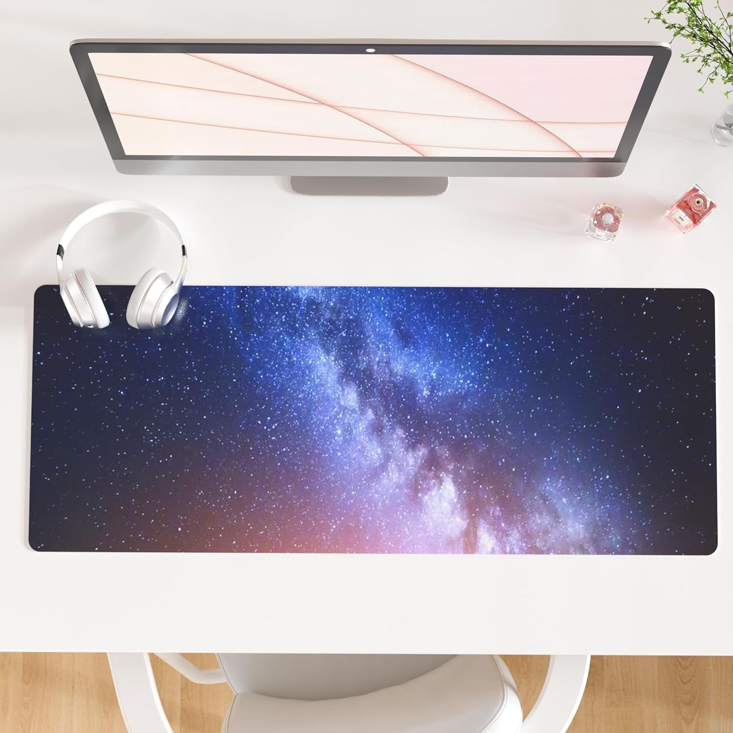 QIYI White Mouse Pad, Cute Marble Large Desk Mat, PU Leather Desk Protector Mousepad, Gold Grey Striped Waterproof Computer Keyboard Gaming Mouse Pads, Non Slip Extended Writing Pad 31.5" X 15.7"