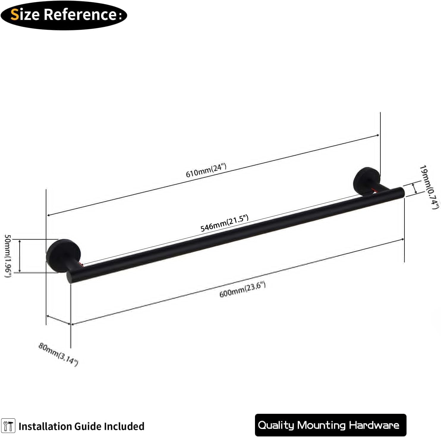 GERZWY 24" Matte Black Stainless Steel Towel Bar - Contemporary Wall Mount for Bathroom & Kitchen