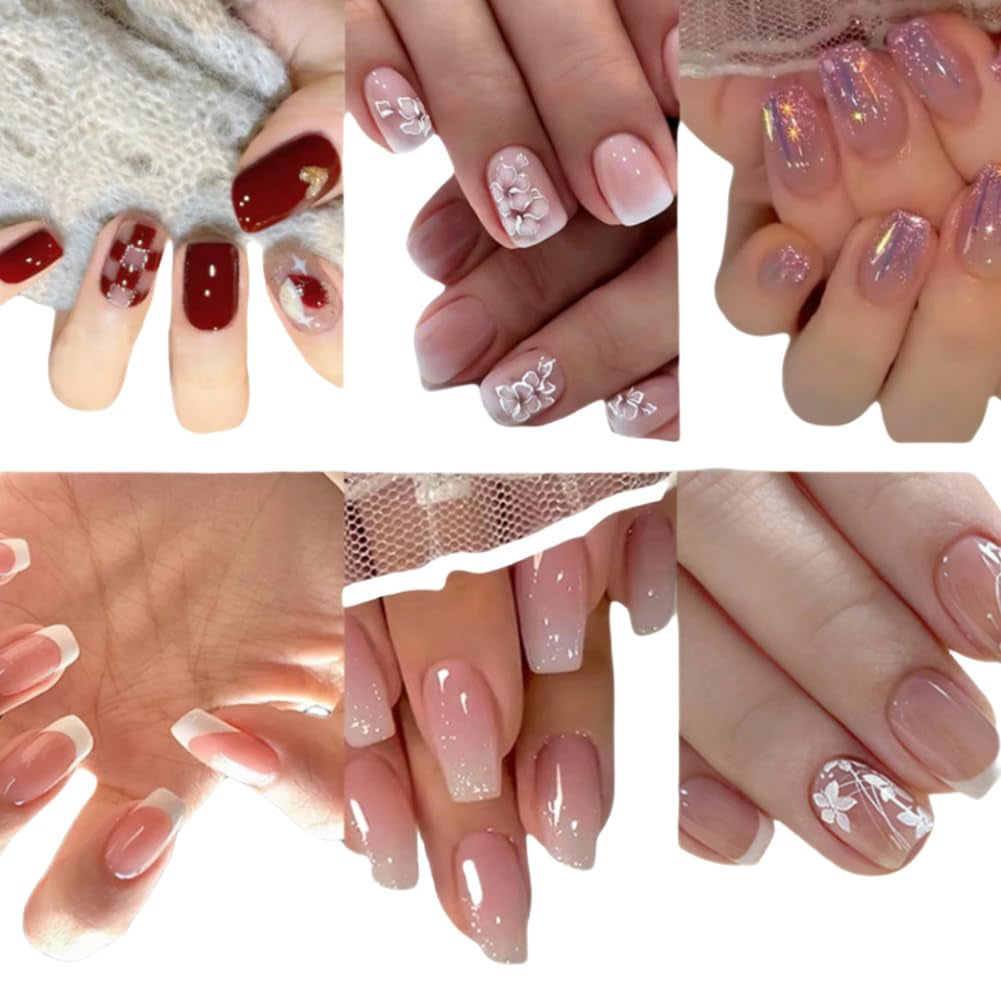 Stylish 6 Pack French Tip Press-On Nails - Almond, Square & Coffin Shapes in Elegant White & Bold Black, Complete with Glue!