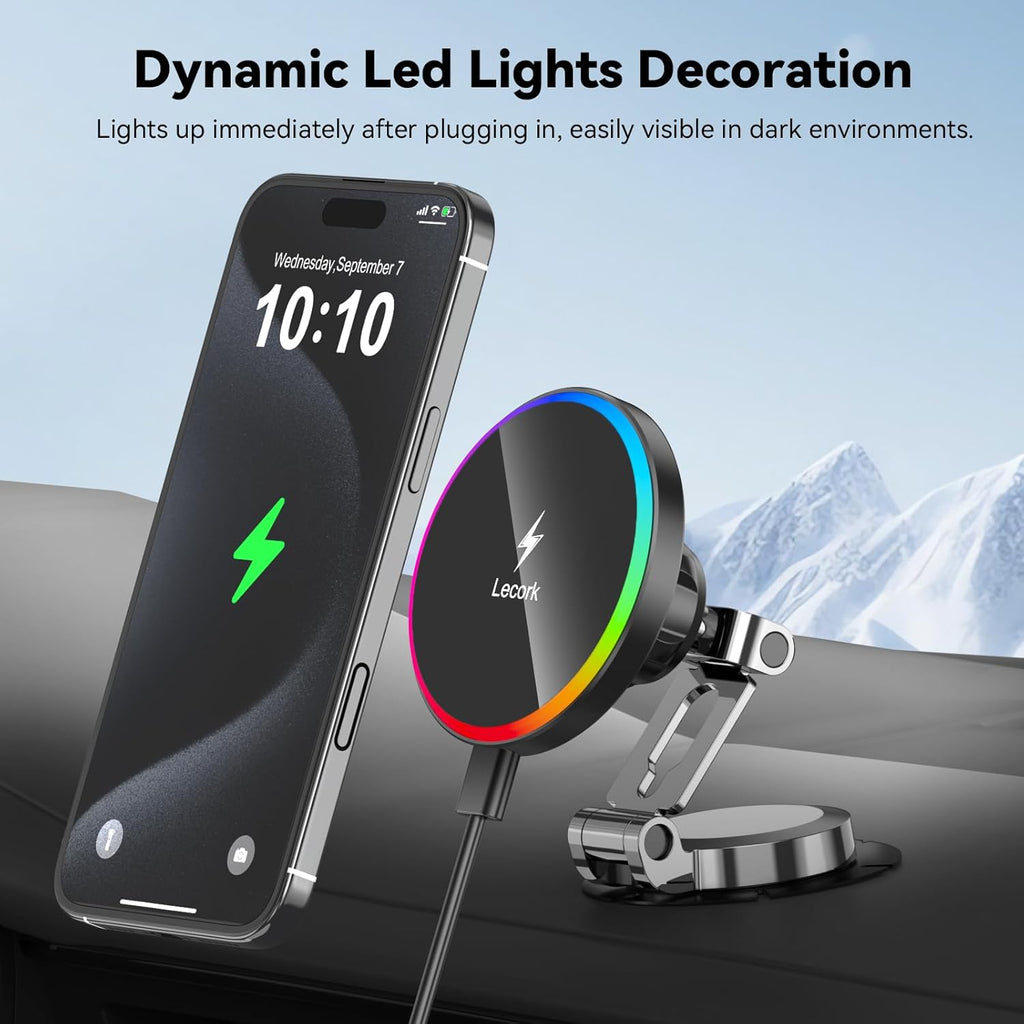 Lecork for Magsafe Car Mount Charger, 15W Magnetic Wireles Car Charger for Iphone 17 Pro Max 14 15 16 Series, Stick on Dashboard Phone Holder for Samsung S26 Ultra, Zinc Alloy Shell, Black