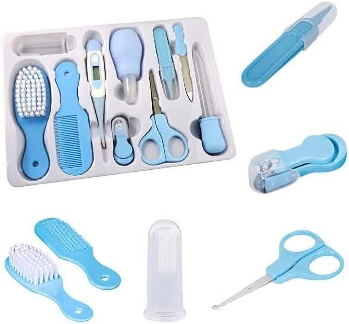 Baby Grooming Healthcare Kit Baby Safety Care Set Nail Clipper Brush Comb Scissors Thermometer Nasal Aspirator Finger Toothbrush Baby Essentials Nursery Kit for Newborn Girl Boys (Blue)