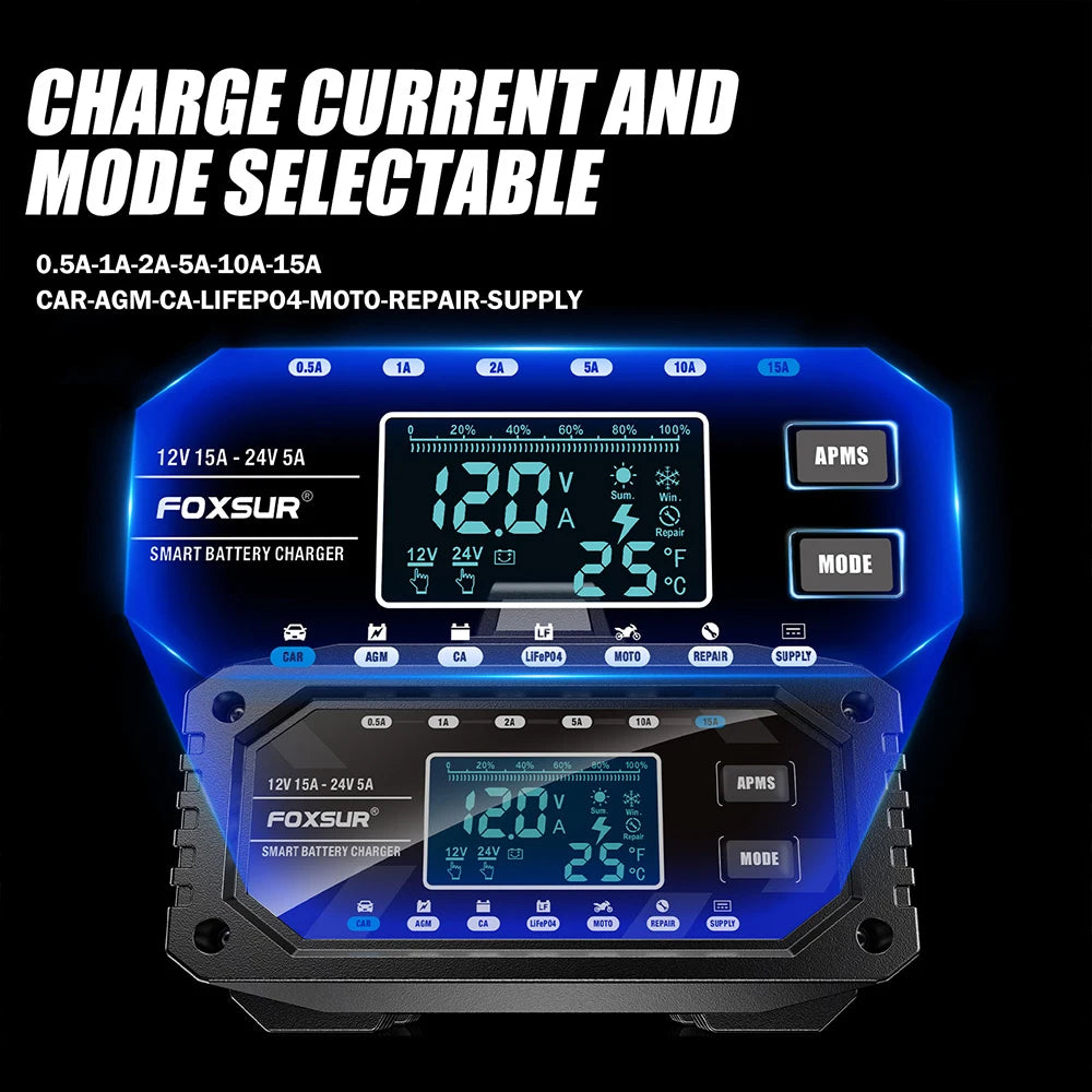 300W Car Battery Charger Full Automatic Protect Quick Charger 12V/24V Multiple Protections LCD Display