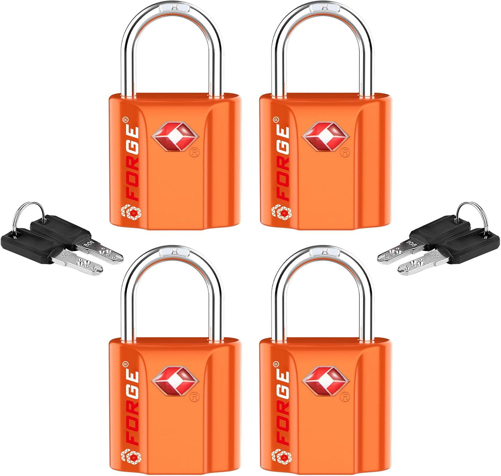 Forge Small TSA Approved Luggage Locks - Ultra Secure Dimple Key Travel Locks, Alloy Body, Perfect for Luggage, Travel Cases & Backpacks - 4 Pack in Vibrant Orange