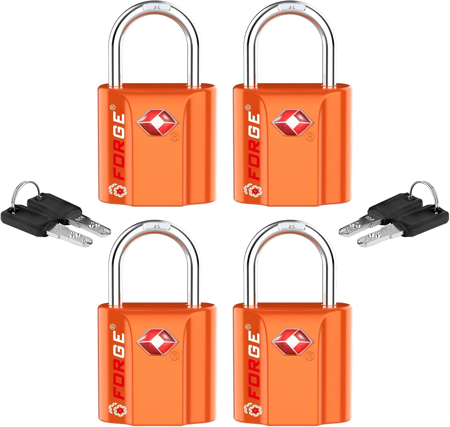 Forge Small TSA Approved Luggage Locks - Ultra Secure Dimple Key Travel Locks, Alloy Body, Perfect for Luggage, Travel Cases & Backpacks - 4 Pack in Vibrant Orange