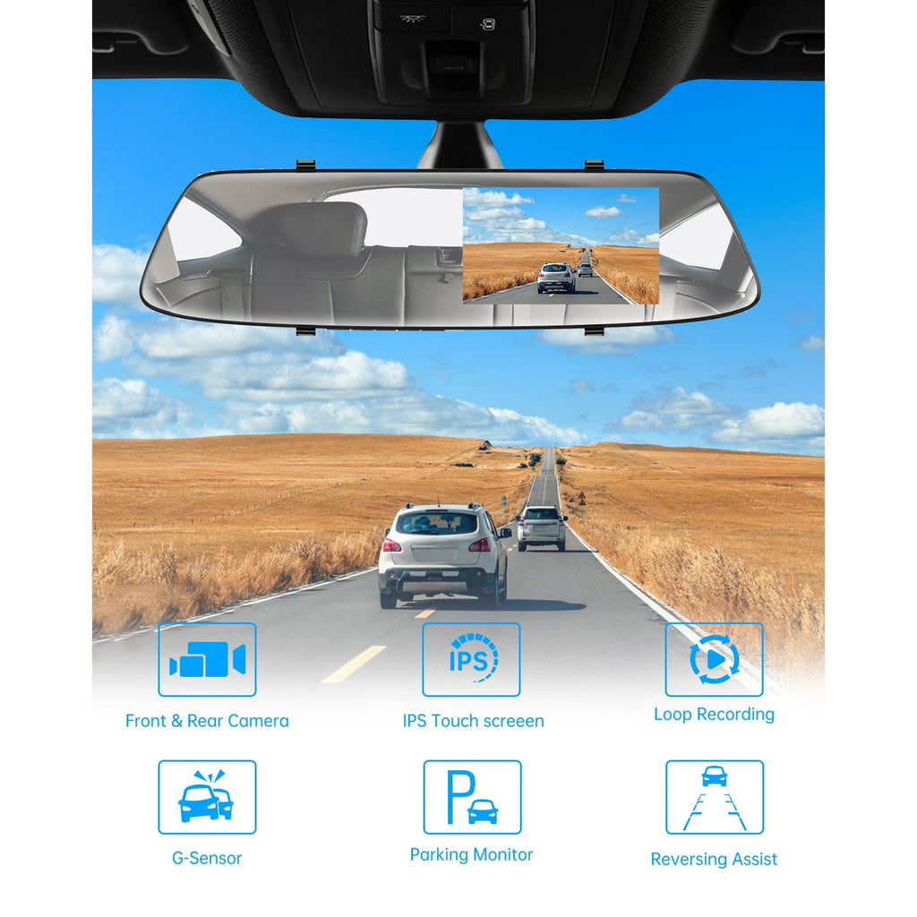 TOGUARD 4.3" Mirror Dash Cam 720P Dual Front and Rear with Touchscreen, 170° Wide Angle, Night Vision, G-Sensor, Loop Recording, 32.8Ft Cable for Suv/Truck