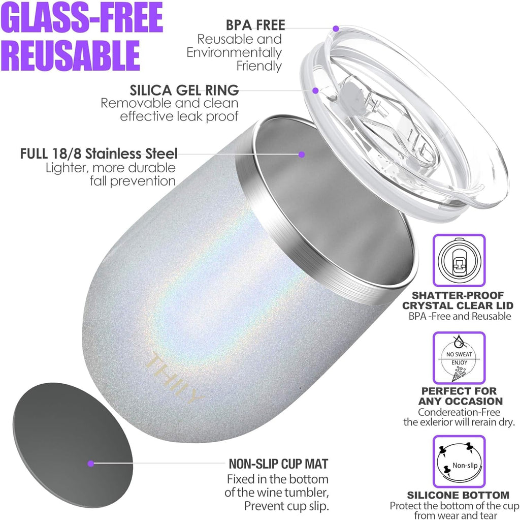 THILY 12Oz Glitter White Insulated Stainless Steel Wine Tumbler with Sliding Lid & Straw - Perfect for Coffee, Cocktails, and Cold Drinks!