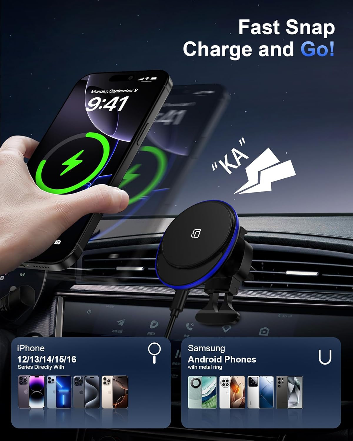 Samsung Galaxy S26 Ultra Wireless Car Charger, 15W Magnetic Car Mount Charger for Samsung Galaxy S26 S25 Ultra, for Apple Magsafe 360° Adjustable Air Vent Mount Charge for Iphone 17E 17 16 15 Pro Max