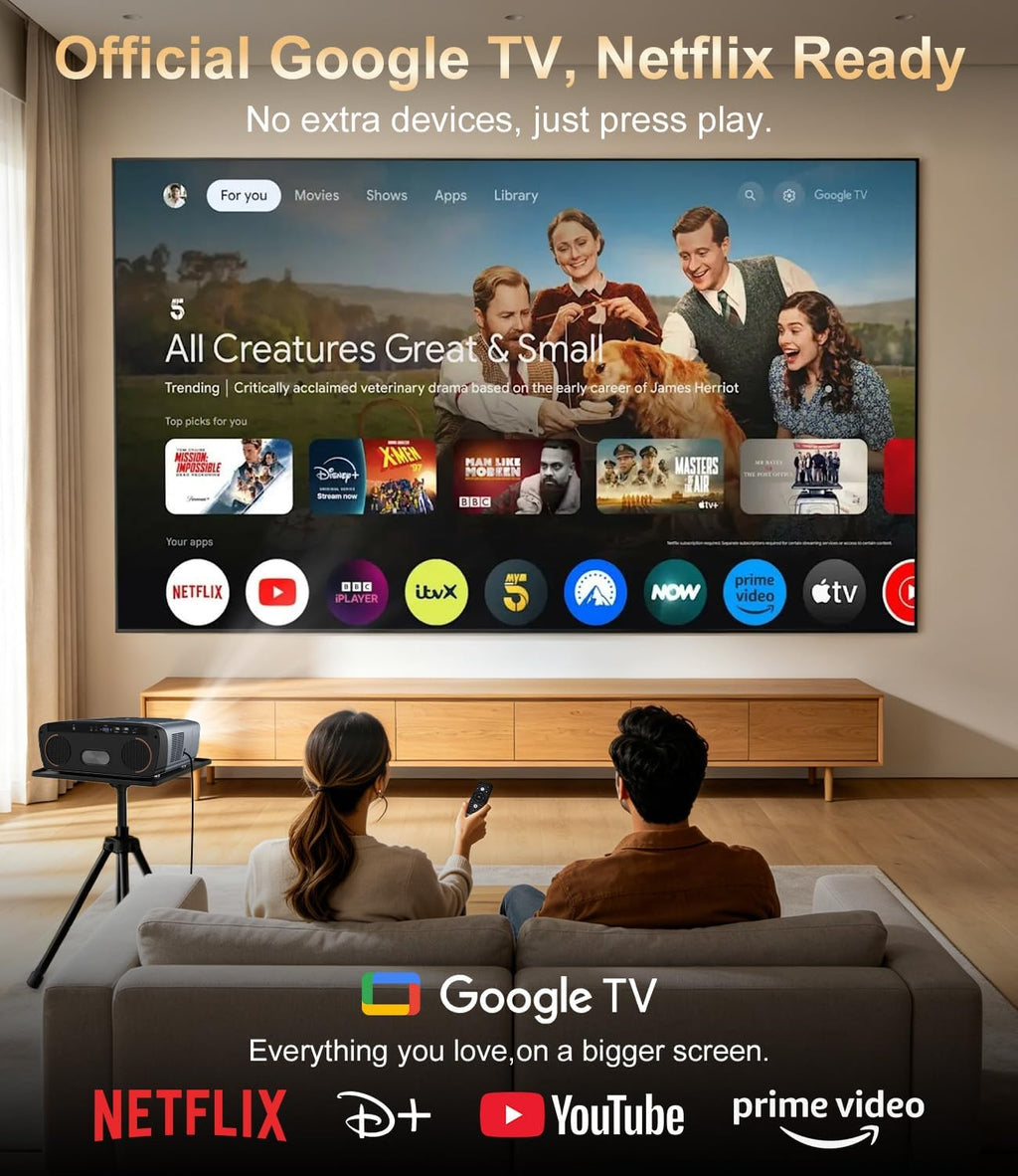 2550 ANSI Daytime Projector, 4K Smart Google TV Projector with Dual 35W Speakers Dolby Audio, Shorter Throw, Tof Autofocus, HDMI ARC, NFC Wifi 6 & Bluetooth 5.4 for Home/Outdoor Movie Nights, Gaming