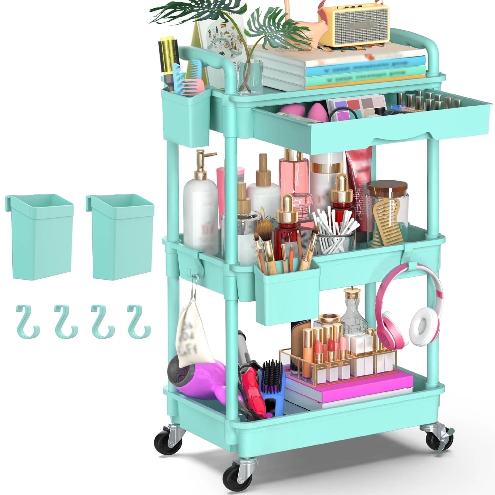 Yeabett 4 Tier Rolling Utility Cart Organizer with Removable Drawer, Mobile Storage Carts with 2 Lockable Wheels for Bathroom, Kitchen, Snack, Craft, Makeup, Baby Essentials，Purple