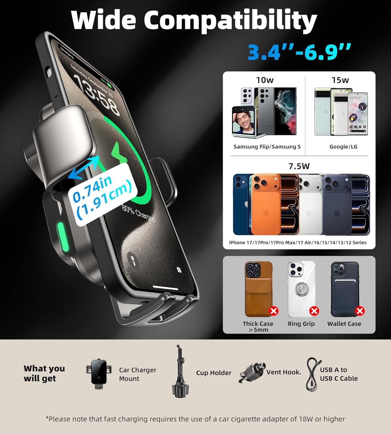 Dual Coil 15W Cup Phone Holder Mount,Wireless Car Charger Auto-Clamping Fast Charging Vent Phone Holders for Your Car for Iphone 17/16/15,Samsung Flip S25 S24 S23 S22 Ultra