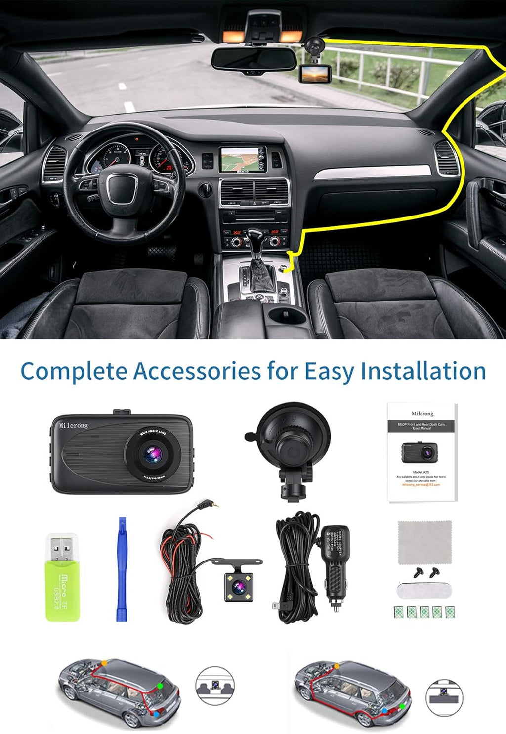 Milerong Dash Cam Front and Rear with Night Vision, Mini 1080P FHD Dash Camera for Cars, G-Sensor, Loop Recording, Parking Monitor, Motion Detection,Wdr