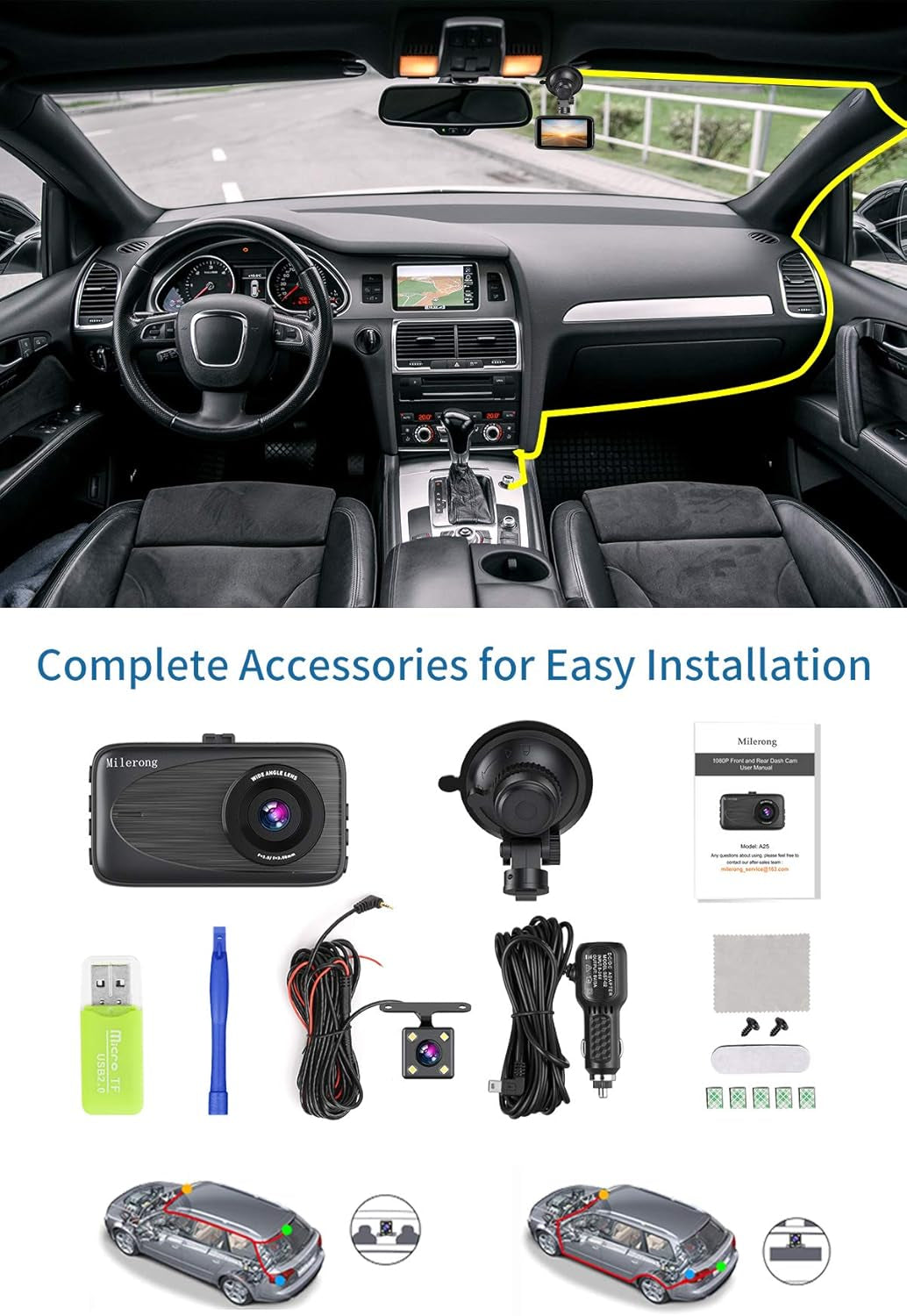 Milerong Dash Cam Front and Rear with Night Vision, Mini 1080P FHD Dash Camera for Cars, G-Sensor, Loop Recording, Parking Monitor, Motion Detection,Wdr