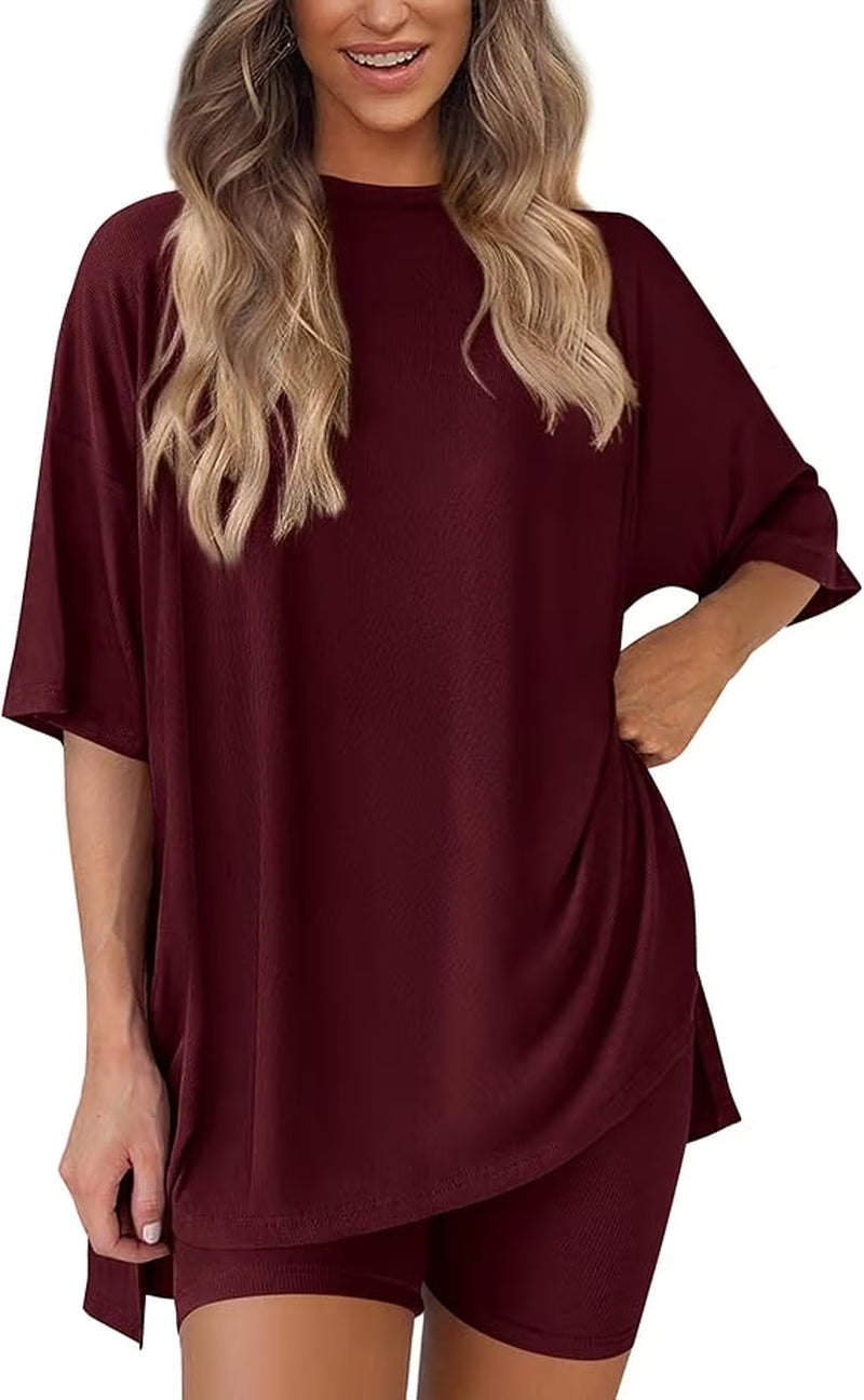 Women'S Two Piece Lounge Set Summer Casual Oversized Shirts Biker Shorts Matching Airport Travel Outfit