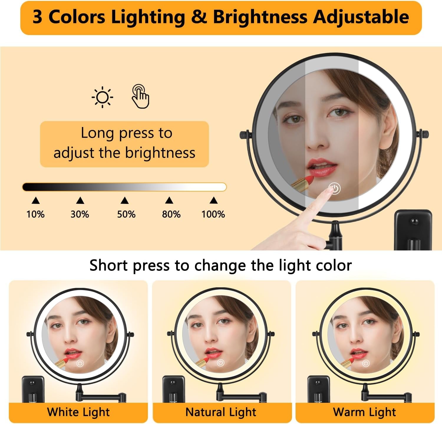 DECLUTTR Wall Mounted Lighted Makeup Mirror, 8" Rechargeable Double Sided 1X/10X Magnifying Mirror with Light, 3 Color Lights, Touch Dimmable, 360° Rotation Foldable Extended Arm, Black