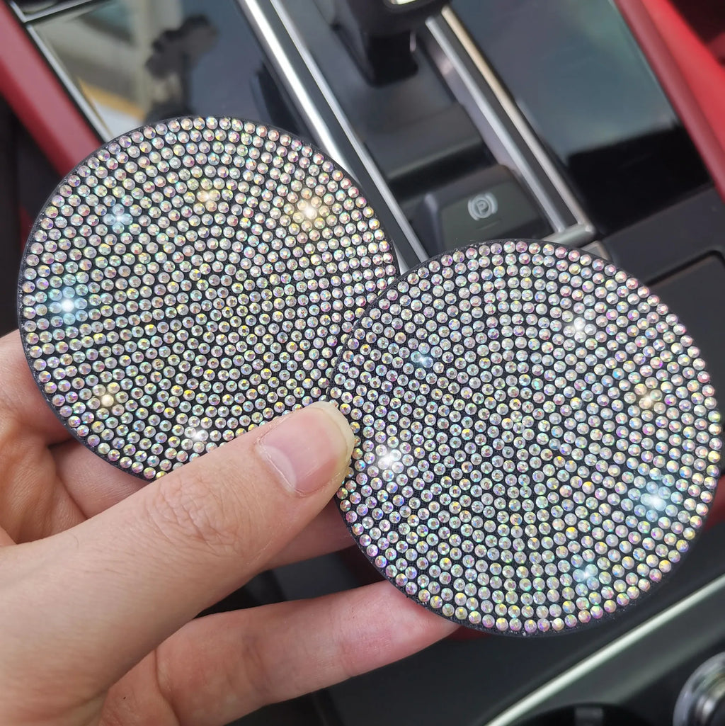 Set of 2 Rhinestone-Embellished Car Cup Holder Coasters for Women - Universal Anti-Slip Automotive Interior Accessories