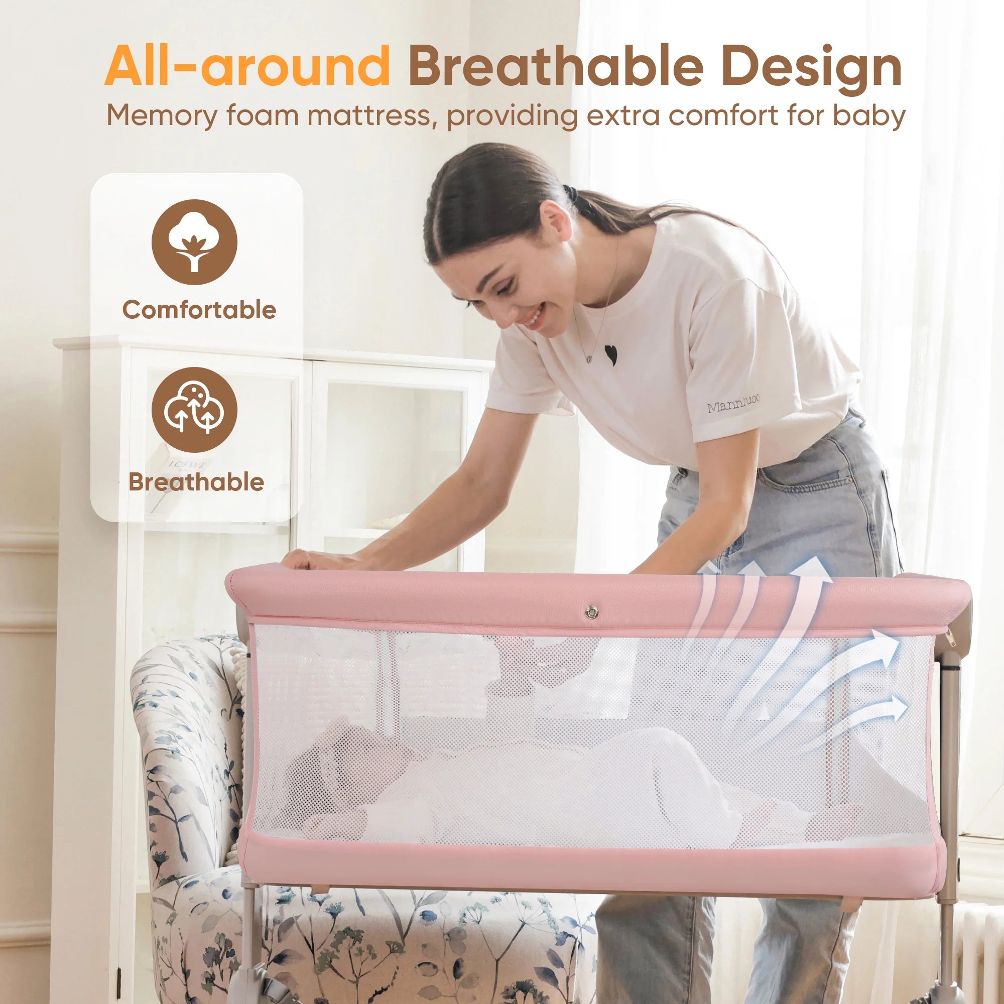 Babyeap 3 in 1 Baby Bassinet,Baby Basinet Bedside Sleeper,Standalone Baby Crib,6 Height Adjustable Portable Crib for Newborn,Pink