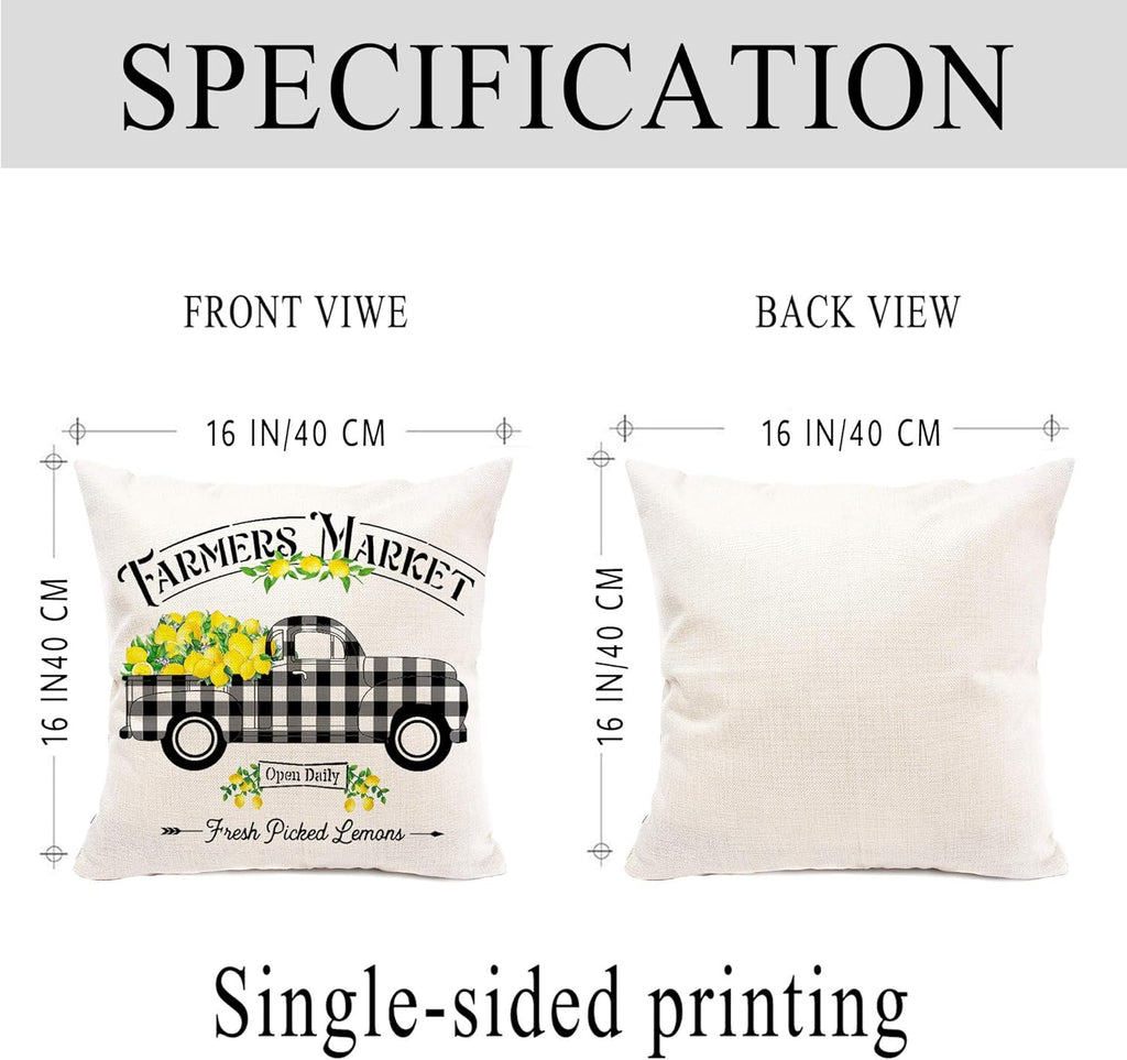 Set of 4 Hexagram Lemon Farmhouse Pillow Covers 16x16 - Summer Buffalo Plaid Decorative Cushions for Couch, Sofa, and Indoor Living Room Decor (No Insert)