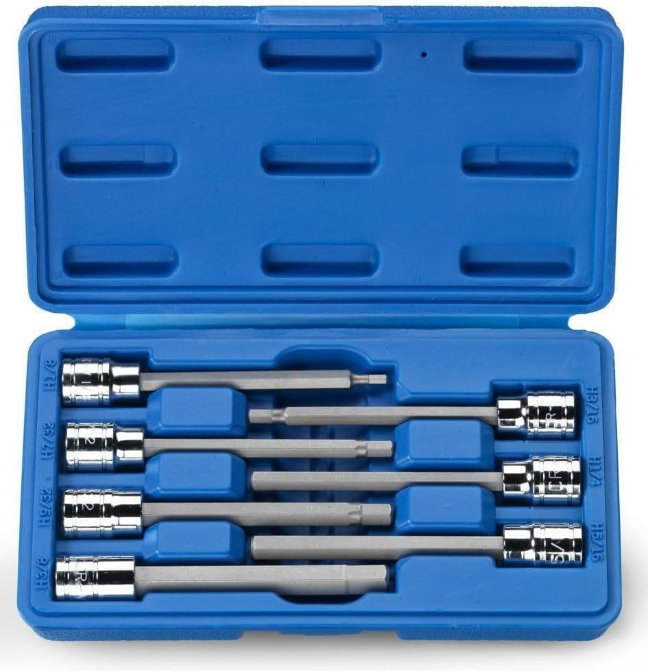 Neiko 10072A 7-Piece Extra Long Allen Hex Bit Socket Set - 3/8-Inch Drive, SAE, Durable S2 & Cr-V Steel, 1/8-Inch to 3/8-Inch